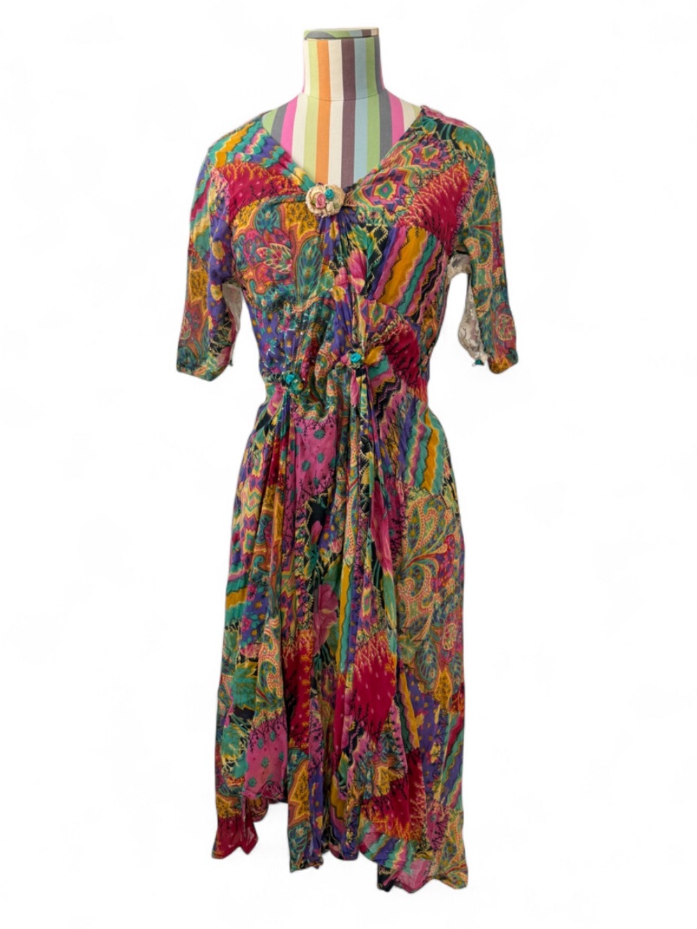 Vintage Upcycled Faux Patchwork Print Dress Rosettes Flower Accents Lace